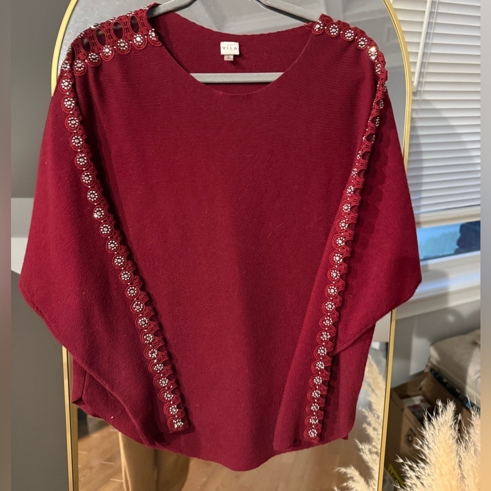 VILA Burgandy Knit Top with rhinestone sleeves. Beautiful in person